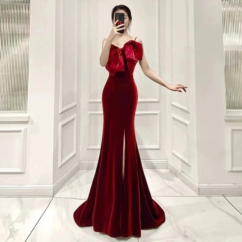 Wholesale Elegant Mermaid Spaghetti Straps Burgundy Long Prom Dress Evening Dresses formal wear dresses 